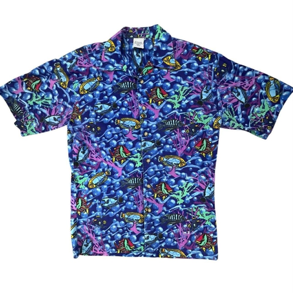 HYCTZ Tropical Fish Coral All Over‎ Print Shirt Men's Small Short Sleeve EUC
